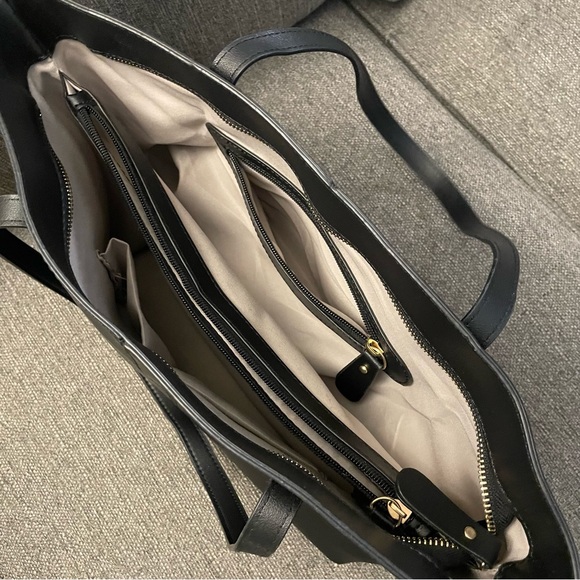 Faux Leather Triple Compartment Tote Bag in black with zippered top closure - Picture 7 of 14